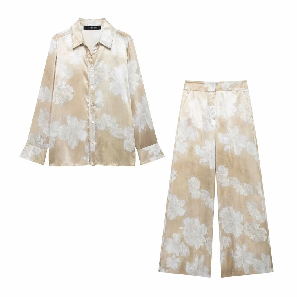 HH Women's Summer Clothing Chic Floral Print Silk Satin Casual Shirt + Retro Zipper Fly Pocket Trousers 2-piece Set