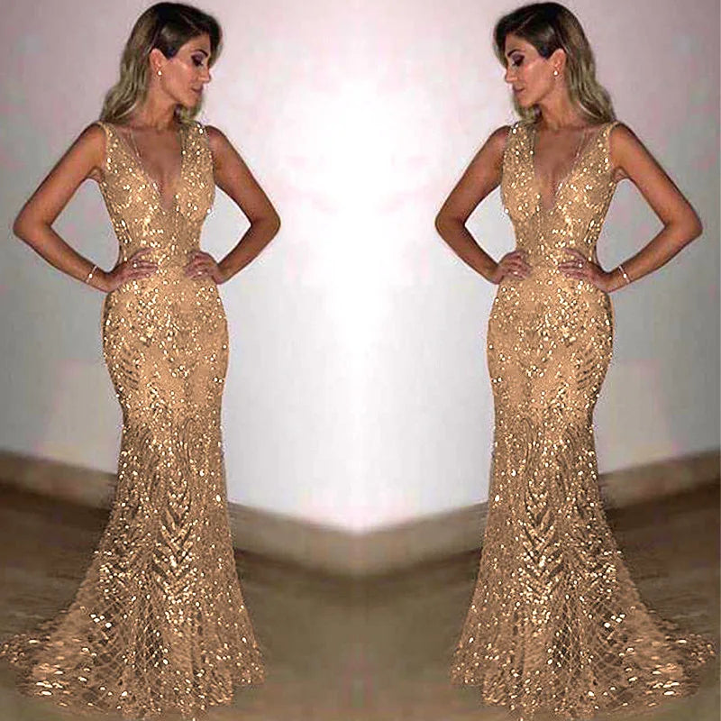 Female Clothing 2025 Annual Meeting Evening Dress Women's Long Sleeveless Sexy Deep V Neck Sequined Women Elegant Party Dresses