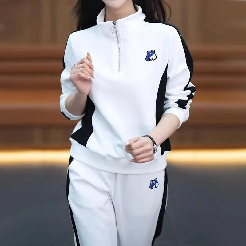 Women Clothing Sets Stand Collar Sweatshirts+Pants 2Pcs Suits 2024 Spring Autumn Casual Tracksuit Lady Fashion Patchwork Outfits