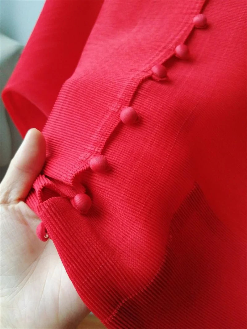 Woman Clothing T-shirt Bat Sleeves Loose and Pleated Small Jacket Women's Single-breasted Pocket Design Pleated Semi-Turtleneck