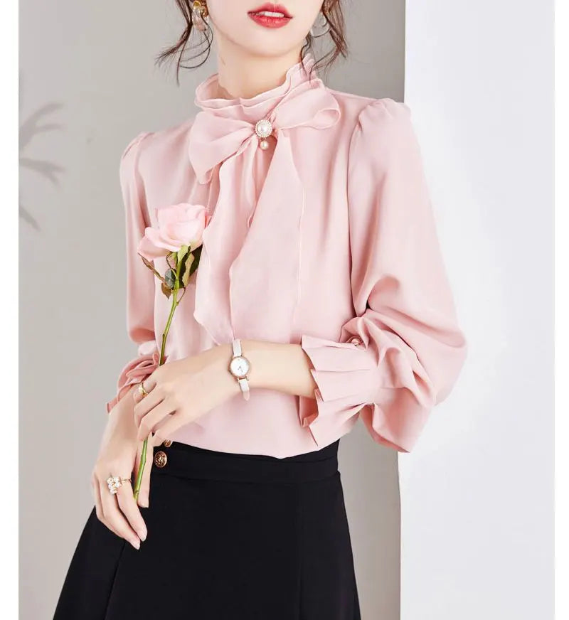 Women's Clothing Commute Stand Collar Bow Blouse Basic Solid Color Spring New Fashion Three-dimensional Decoration Ruffles Shirt