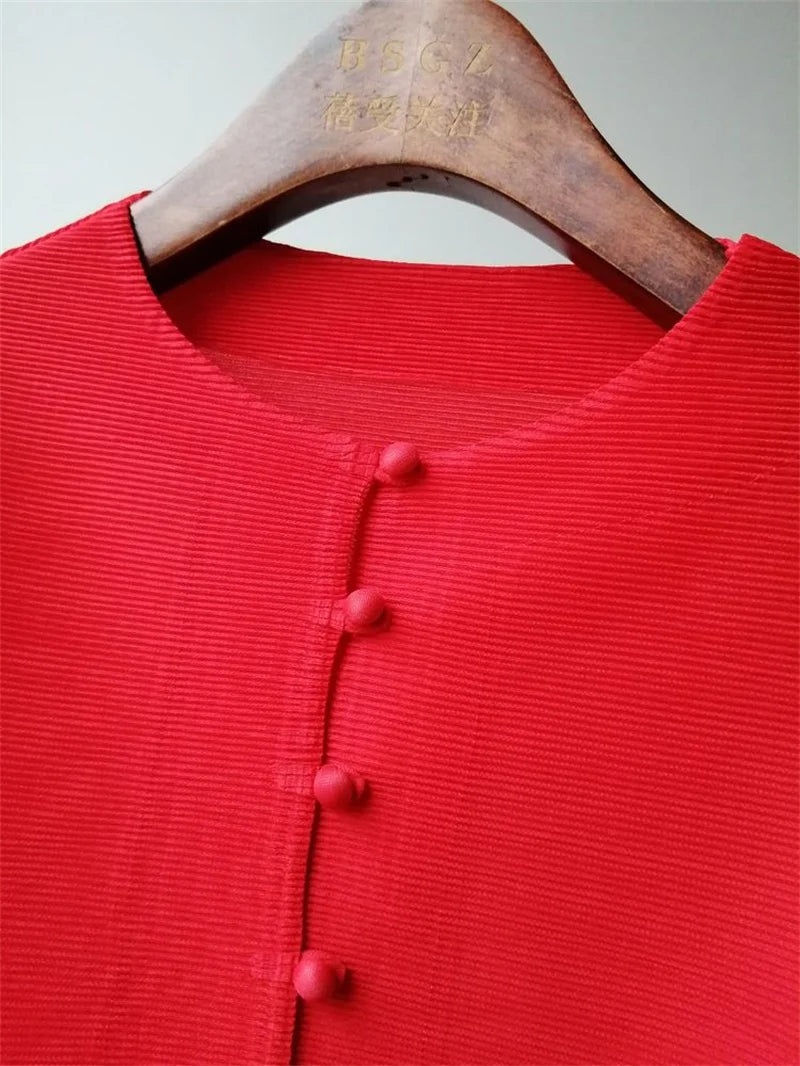 Woman Clothing T-shirt Bat Sleeves Loose and Pleated Small Jacket Women's Single-breasted Pocket Design Pleated Semi-Turtleneck
