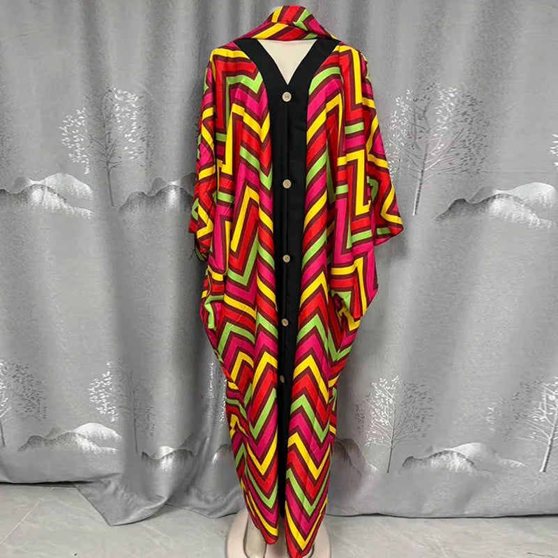 Women's clothing 2026 autumn new style sweet and fresh striped V-neck batsleeves loose large-size dress long dress