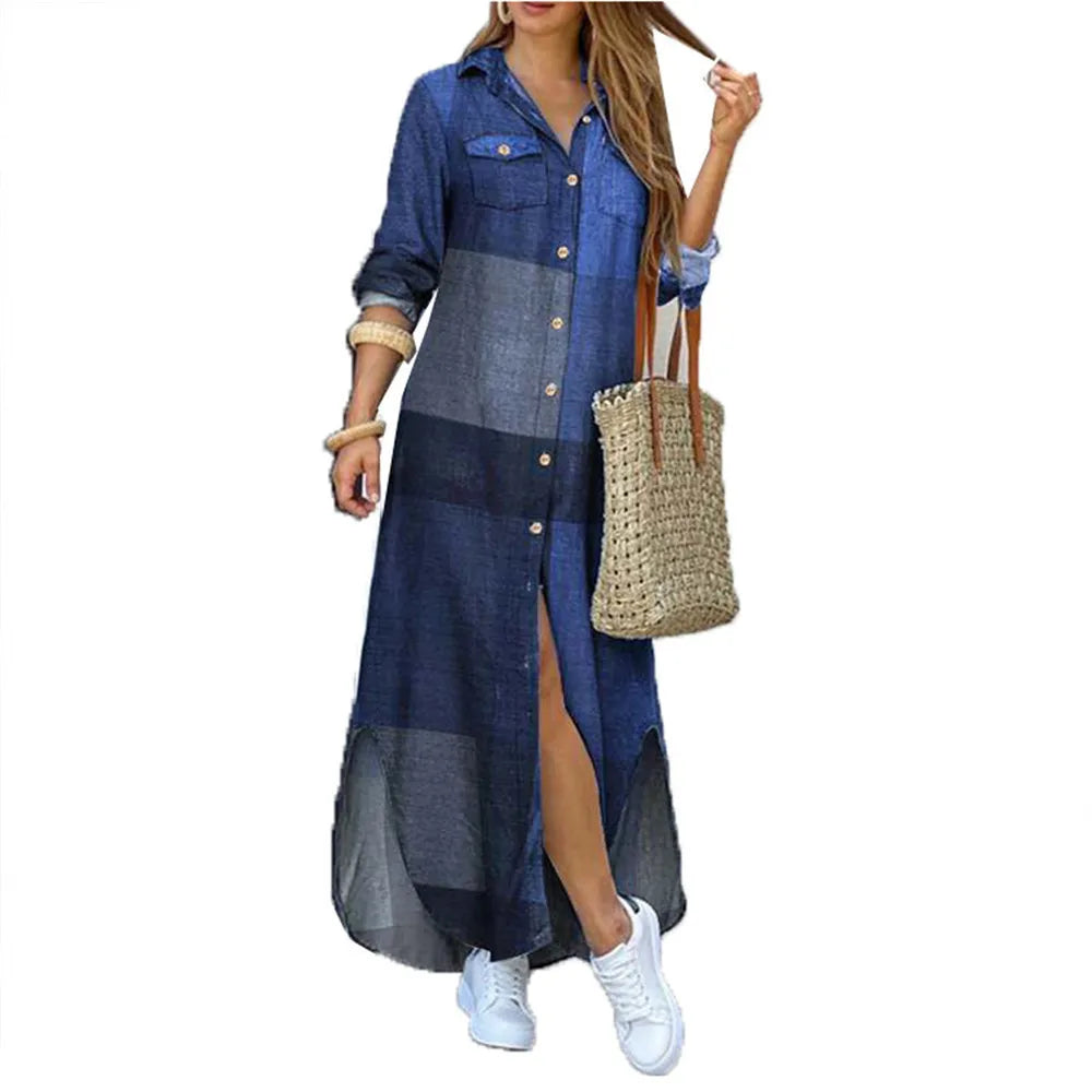 Women Dresses Fashion Sexy Single-breasted Dress Loose Lapel Casual Women's Clothing  Literary Printing Long Shirt Skirt