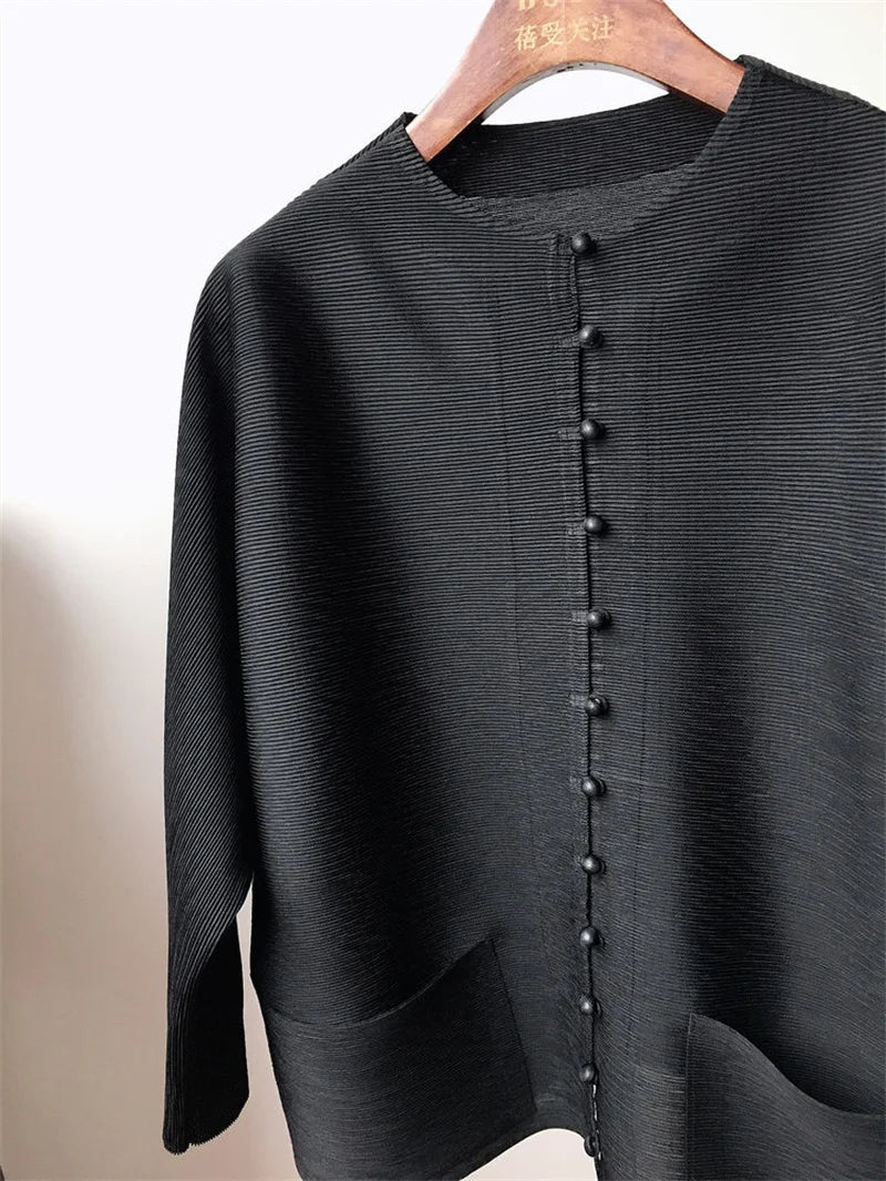 Woman Clothing T-shirt Bat Sleeves Loose and Pleated Small Jacket Women's Single-breasted Pocket Design Pleated Semi-Turtleneck