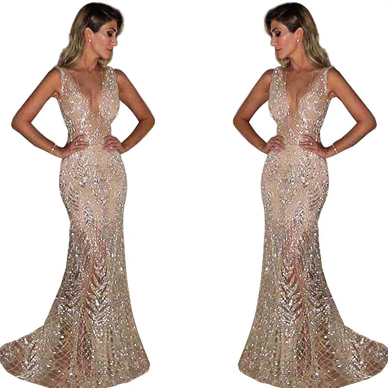Female Clothing 2025 Annual Meeting Evening Dress Women's Long Sleeveless Sexy Deep V Neck Sequined Women Elegant Party Dresses